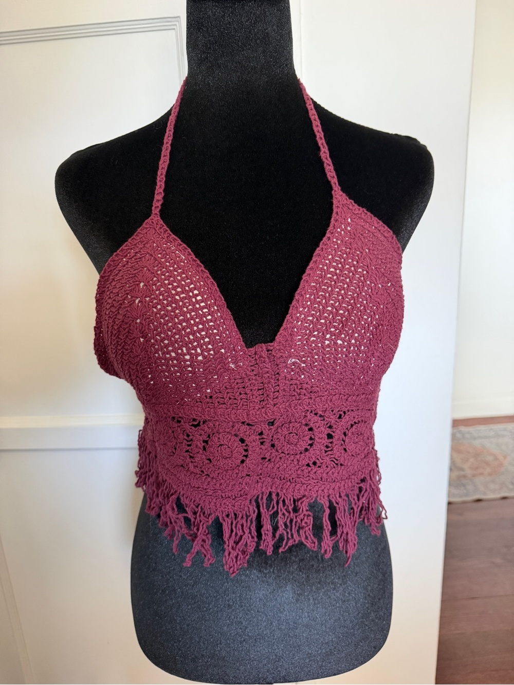 SHEIN Burgundy Crochet Halter Crop Top with Fringe